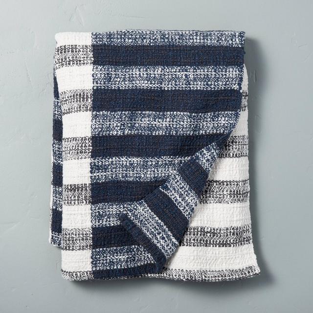 Contrast Edge Stripe Throw Blanket Sour Cream/Blue - Hearth & Hand™ with Magnolia