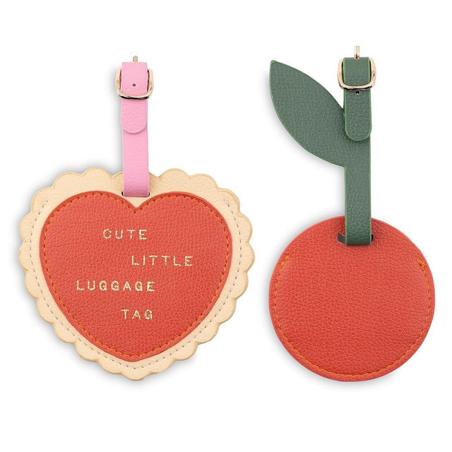 ban.do Getaway Suitcase Tag Set of 2 for Travel, Novelty Shaped Durable Vegan Leather Luggage Identifier, Heart and Cherry