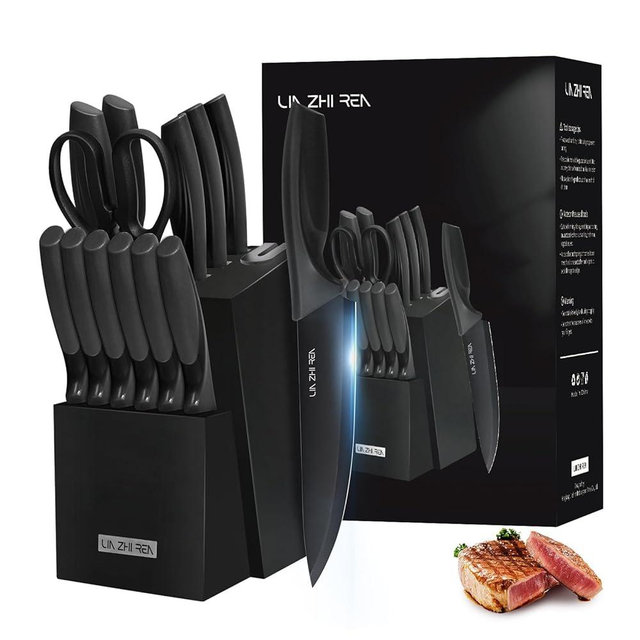 Knife Set, 15 Pieces Kitchen Knife Sets with Block, Built-in Sharpener, Dishwasher Safe, Anti-slip Ergonomic Handle, Knife Block Set for Chopping, Slicing, Dicing & Cutting, Black