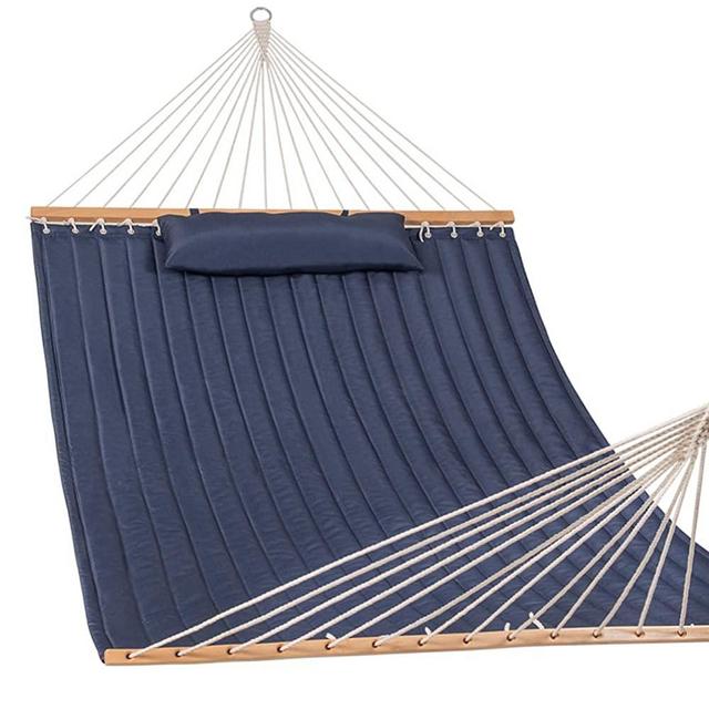 Lazy Daze Hammocks Quilted Fabric Hammock with Pillow for Two Person Double Size Spreader Bar Heavy Duty Stylish, Navy Blue