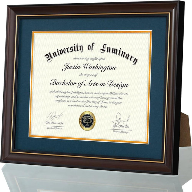 Luminary 11x14 Wood Diploma Frame with 8.5 x 11 Opening Navy Mat for College Degree Certificate Document, Walnut Color Wooden Frame with Tempered Glass Panel for Wall or Tabletop Display