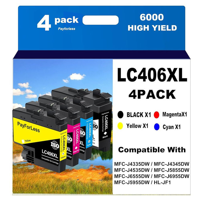 PayForLess LC406XL for LC406 Ink Cartridges for Brother Printer for Brother MFC-J4335DW MFC-J4535DW MFC-J5855DW MFC-J6555DW MFC-J6955DW Printer 4 Pack(Black Cyan Magenta Yellow)