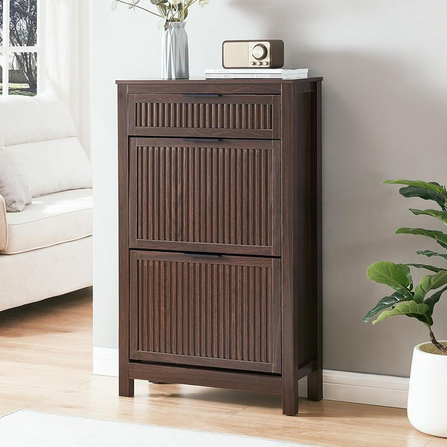 HUSHEDIFY 2 Flip Drawers Shoe Cabinet Storage for Entryway, Narrow Hidden Shoes Organizer for Front Door Entrance, Free Standing Shoes Cabinet Wooden Hallway Shoe Rack(Brown)