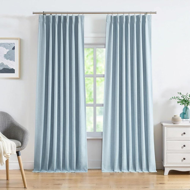 Central Park Pinch Pleat Full Blackout Curtain Panel Linen Texture Thermal Insulated Drapery with Full Blackout Liner for Farmhouse Bedroom Window Treatment Sets with Hooks, Dusty Blue, 40"x108"x2