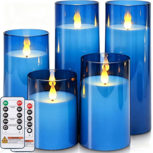 Homemory Blue Flickering Flameless Candles, Battery Operated Acrylic LED Pillar Candles with Remote Control and Timer, Blue Decor, Set of 5