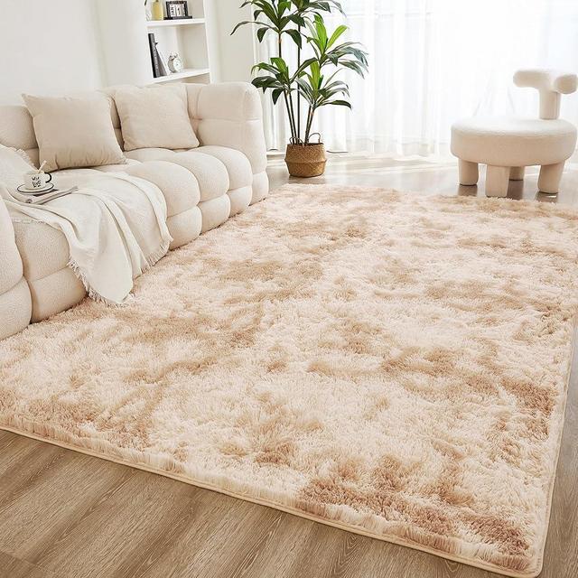Litanika 6x9 Shag Area Rug for Living Room Bedroom, Tie-Dyed Beige Fluffy Shaggy Fuzzy Nursery Kids Girls Boys Room Rug, Cream Soft Plush Furry Bedside Carpet, Non-Slip, Non-Shedding Indoor Floor Rug