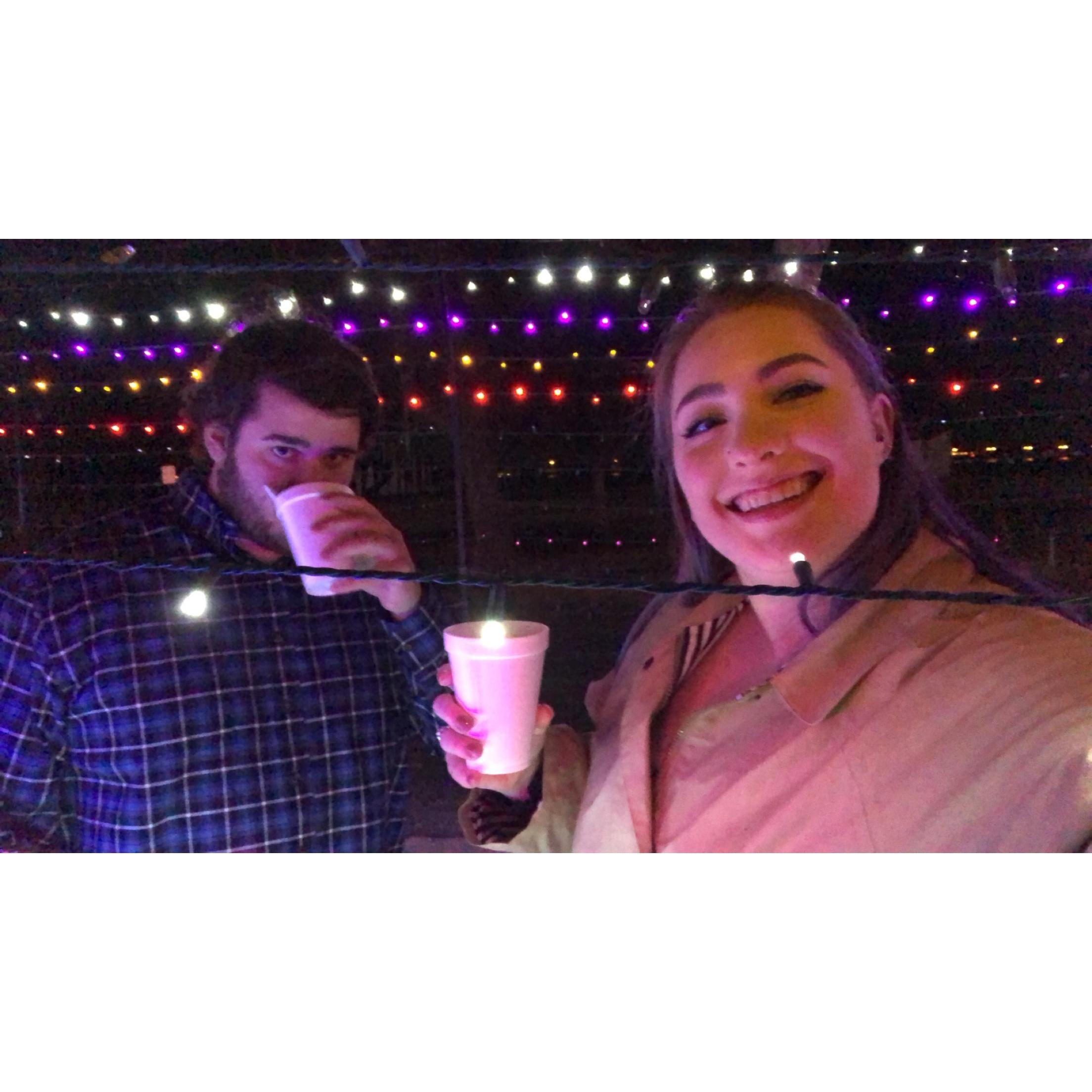 Sippin on hot cocoa at Grand Prarie Lights.