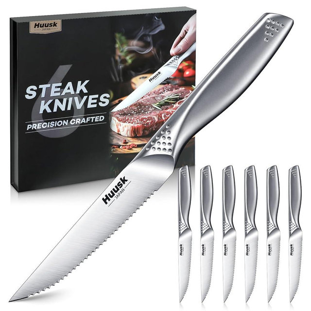 Huusk Serrated Steak Knives Set - 4.5" Japanese Stainless Steel Steak Knives Set of 6, Sharp Dishwasher Safe Dinner Knife for Kitchen Table with Gift Box