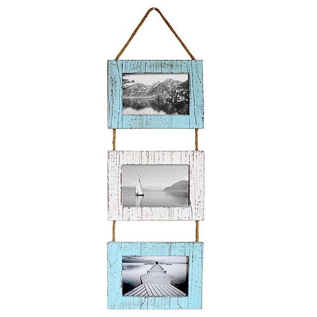 Barnyard Designs Rustic Farmhouse Distressed Picture Frames - Vertical Wood Photo Frame Display - 3 5” x 7” Frame Set on Hanging Rope in Nautical White and Turquoise 27” x 9.5"