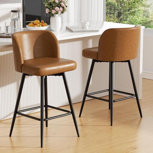 YUUIJOAA Swivel Bar Stools Set of 2, 26" Counter Height Bar Stools with High Back and Metal Legs, Faux Leather Bar Chairs, Modern Barstools for Kitchen Island, Caramel