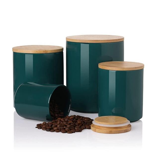 Sweejar Ceramic Canisters, Food Storage Jar Set with Airtight Seal Wooden  Lid, Stackable Containers for Kitchen Counter, Ground Coffee, Flour, Sugar