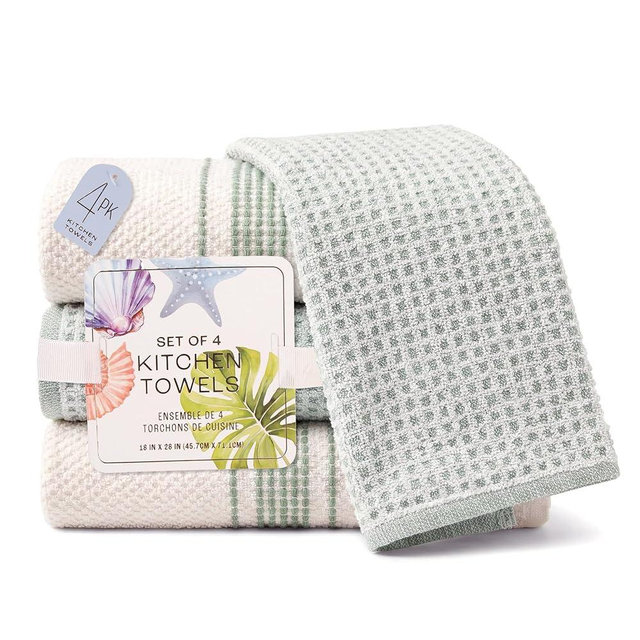 MosJos Kitchen Towels, Cotton Hand Towels White & Turquoise Mini Weaved Stitched Design 4 Pack Absorbent Hand Drying Cloths, 18 x 28 Kitchen Linens