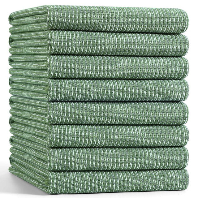 Mordimy Premium Kitchen Towels 8 Pack (18 x 28 Inches, Grass Green), Large Cotton Kitchen Hand Towel, Flat & Terry Dish Towels for Drying Dishes, Super Absorbent Tea Dishtowels Set with Hanging Loop