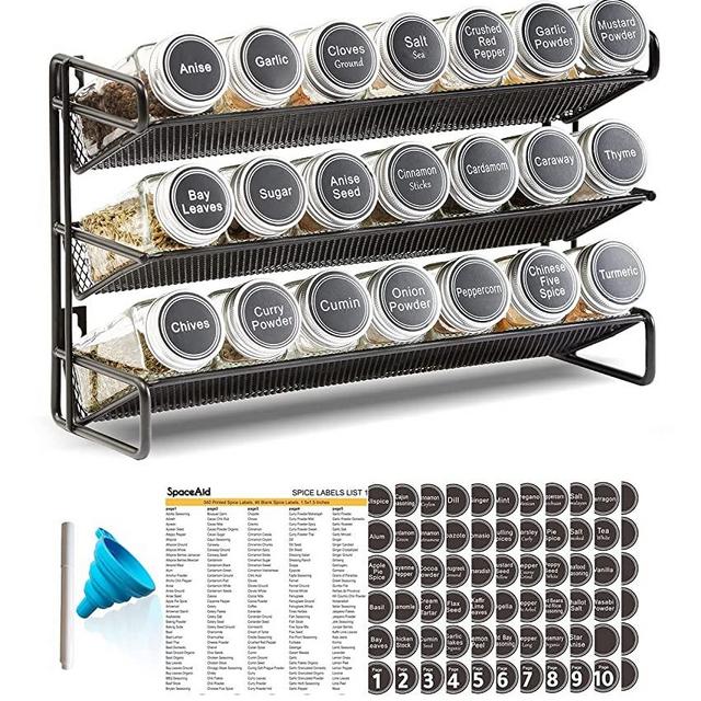SpaceAid 3 Tier Spice Rack Organizer with 24 Spice Jars, 386 Spice Labels, Chalk Marker and Funnel Set for Cabinet, Countertop, Pantry, Cupboard or Door & Wall Mount