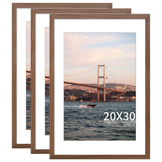 YESKAY 20x30 Picture Frame Brown Set of 3, Display Pictures 16x24 with Mat or 20 x 30 Without Mat, Poster Frames 20x30 for Wall Hanging Horizontal and Vertical
