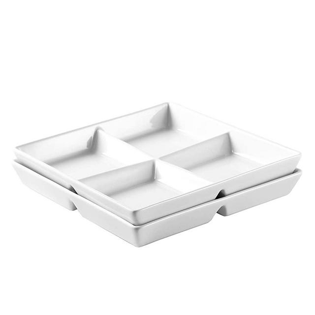 Bruntmor 10 x 10 inch Decorative Ceramic Appetizer 4 -Compartment Serving Platter Tray, set of 2, White