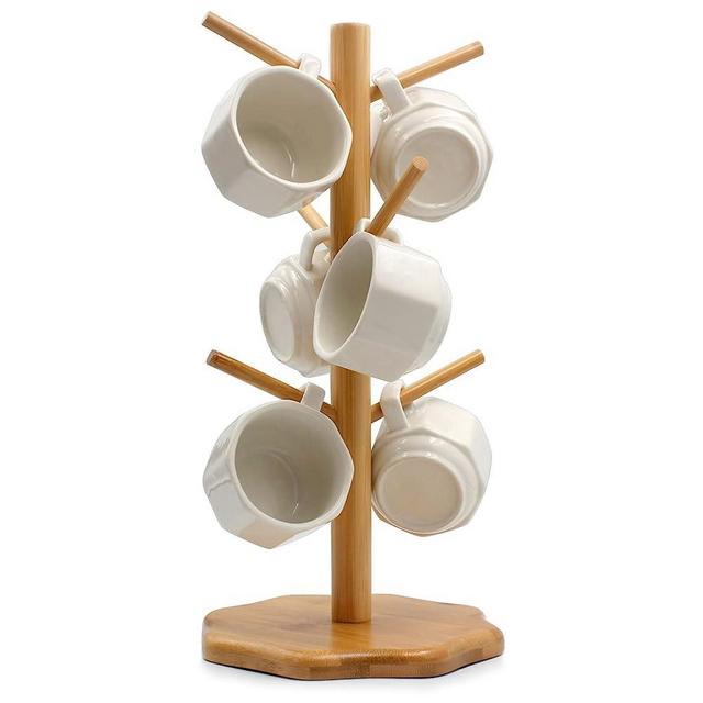 Mug Tree, Coffee Mug Tree, Bamboo Countertop Mug Tree Stand , Coffee Mug Holder Tree for Counter Stand with 6 Hooks, Octagon Base Coffee Cup Tree, Removable Mug Stands