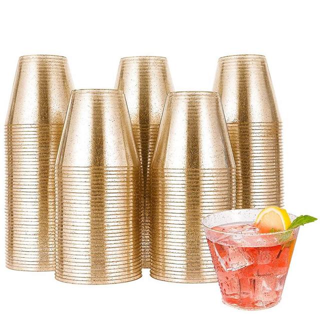 200pcs 9OZ Glitter Plastic Cups,Disposable Gold Cups,Clear Plastic Tumblers,Gold Glitter Cups,Disposable Cups for Wedding,Thanksgiving, Christmas Party