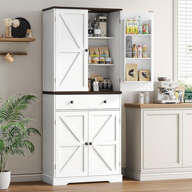 ONBRILL 71" Tall Farmhouse Kitchen Pantry Cabinet with 6 Door Shelves & Drawer, Wood Pantry Storage Cabinet with 2 Adjustable Shelves & 4 Barn Doors, Freestanding Cupboard for Kitchen, Dining Room