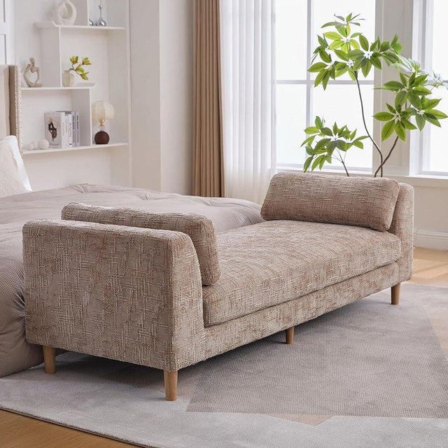 HOMEFLEX 83.1" Upholstered End of Bed Bench with Armrests, Wheat | Chenille, Daybed Chaise Lounge, 2 Bolster Pillows, Rubber Wood Legs, Living Room, Bedroom