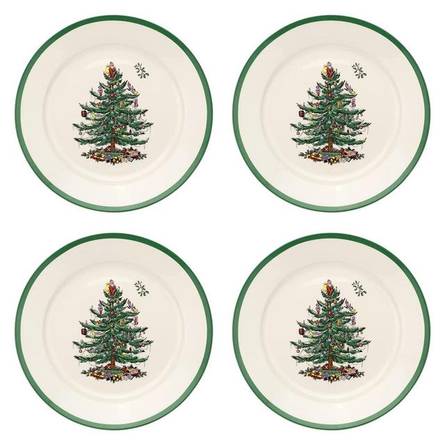 Spode Christmas Tree Collection Luncheon 4 Plates, 9 Inch Earthenware, Pasta & Salad Plate Set, Holiday Dishes, Dishwasher and Microwave Safe