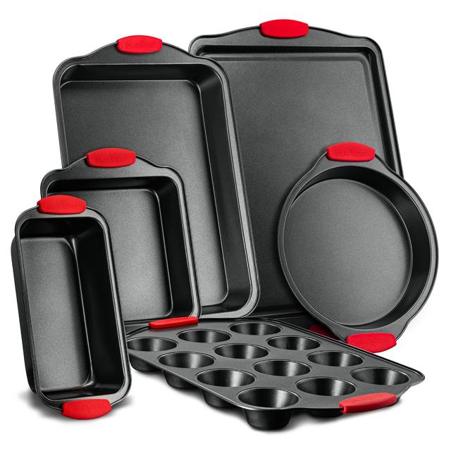 6-Piece Steel Nonstick Bakeware Set - Carbon Steel Baking Tray Set w/ Heatsafe Red Silicone Handles, Oven Safe Up to 450°F, Loaf Muffin Round/Square Pans, Cookie Sheet, Baking Pan - NutriChef NCSBS6S