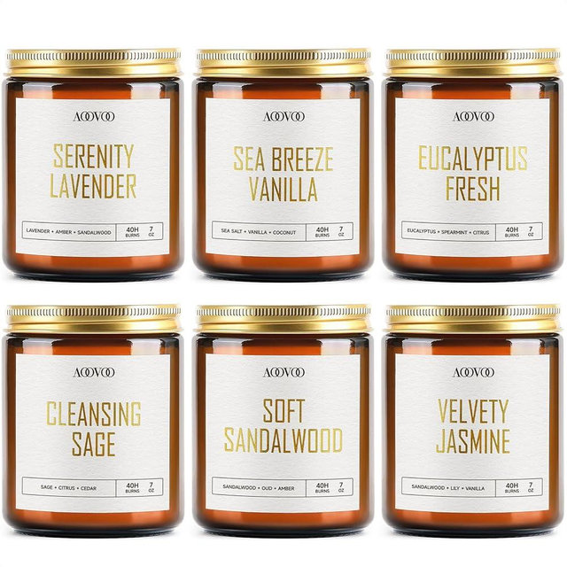AOOVOO Candle Set - 6PC Scented Candles, Soy Candles, Aromatherapy Candle, Soy Wax Candle, Candle for Home Scented, Lavender/Vanilla/Eucalyptus/Sage/Jasmine/Sandalwood
