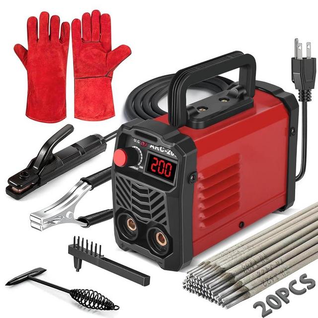 Hpoouo 200Amp 20PCS Rods Stick Welder, Super MINI Portable Welding Machine, IGBT Inverter Welder Machine 110V with Hot Start Arc Force Anti-Stick, for 1/16"-1/8" Rod ARC Welder, 2 Chip Hammers (Red)