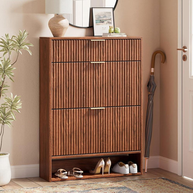 Evermagin 31.5''W Walnut Shoe Cabinet Storage with Drawer for Entryway, Fluted Slim Shoe Dresser with 2 Flip Drawers, Narrow Shoe Rack Cabinet, Hidden Shoe Organizer Cabinet for Entrance, Hallway