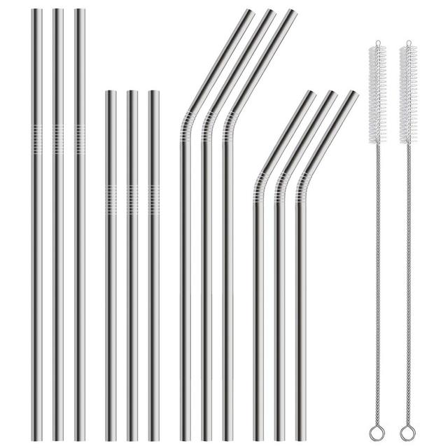Hiware 12-Pack Stainless Steel Metal Straws with 2 Cleaning Brushes