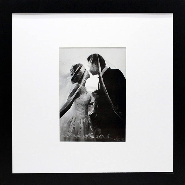 12x12 Black Wood Gallery Picture Frame with Mat to 5x7 - Wide Molding - Great for Scrapbooking - Includes Both Attached Hanging Hardware and Desktop Easel - Display Pictures 12 x 12