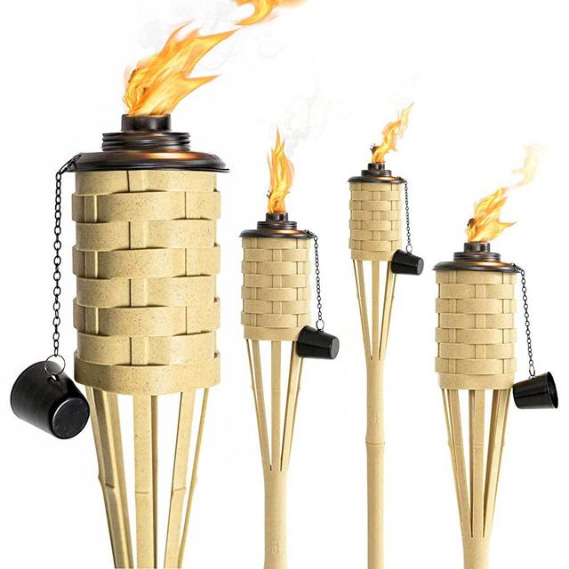 ONETHATCH Faux Bamboo Outdoor Tiki Torches (Sundried Color, 4pack); Large Island Citronella Torch for Garden Lighting, Luau Party, and Tropical Decor; Easy Refill Wide-Mouth Canister, Stands 60” Tall