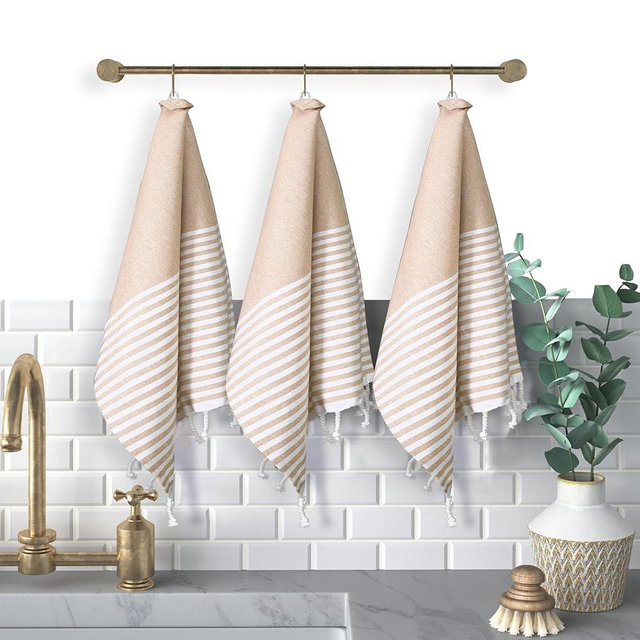Softopia Cotton Turkish Kitchen Towels 18x26 Inches with Tassels - 4 Pack - Absorbent, Durable, Soft 100% Cotton Dish Towels for Drying & Cleaning - Machine Washable, Quick Dry - Beige