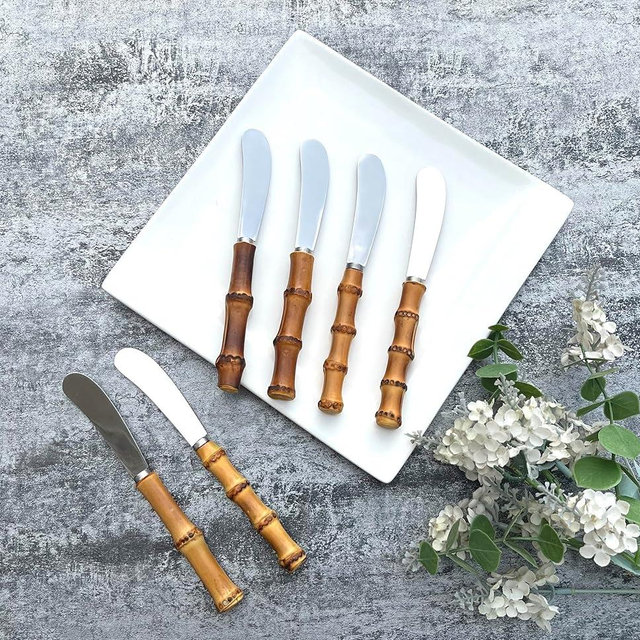 Nature Material Real Bamboo Handle Flatware Butter spreaders Pate Cheese knife for Hotel, restaurant, home breakfast (spreader 6pcs)