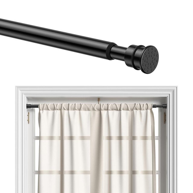 AIZESI Curtain Rods No Drilling for Windows 28 to 48 Inches,1/2 Inch Diameter No Drill Curtains Rod Renter Friendly Drapery Rod, Curtain Rods for Windows No Drilling, Black 2Pack