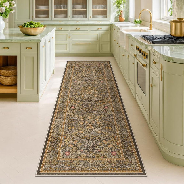 Gold Brown 2x6 Kitchen Runner Rug Non Slip Washable, Vintage Floral Runner Rugs for Bathroom, Hallway, Stain Resistant Low-Pile Soft Carpet for Laundry Room, Bedroom Bedside
