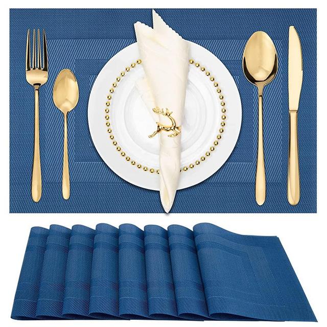 Winknowl Placemats for Dining Table Set of 8 Waterproof, Woven Place Mats for Kitchen Table Vinyl Heat Insulation Stain Resistant Placemats (Navy Blue)