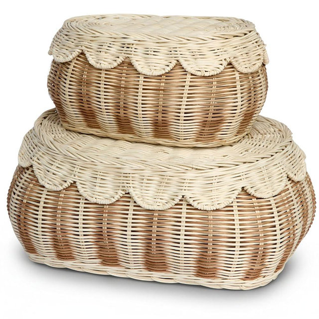 BEBE BASK The Original Scalloped Basket with Lid – Set of 2 (15 x 11 x 6 in) – Hand-Woven Rattan Scalloped Wicker Basket with Lid, Storage Baskets with Lids for Organizing (Stripey)