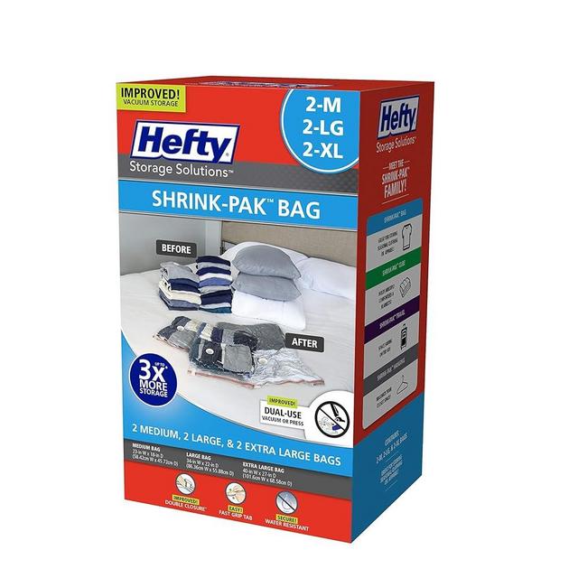 Hefty Shrink-Pak - 2 Medium, 2 Large, 2 XL Vacuum Seal Storage Bags – Space Saver Bags for Clothing, Pillows, Towels, or Blankets, 6 Pc Set