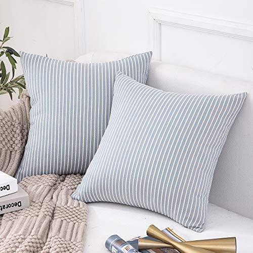 Jepeak Comfy Cotton Striped Throw Pillow Covers Cases, Pack of 2 Soft Decorative Square Ticking Cushion Covers for Sofa Couch (20 x 20 Inches, Sky Blue)