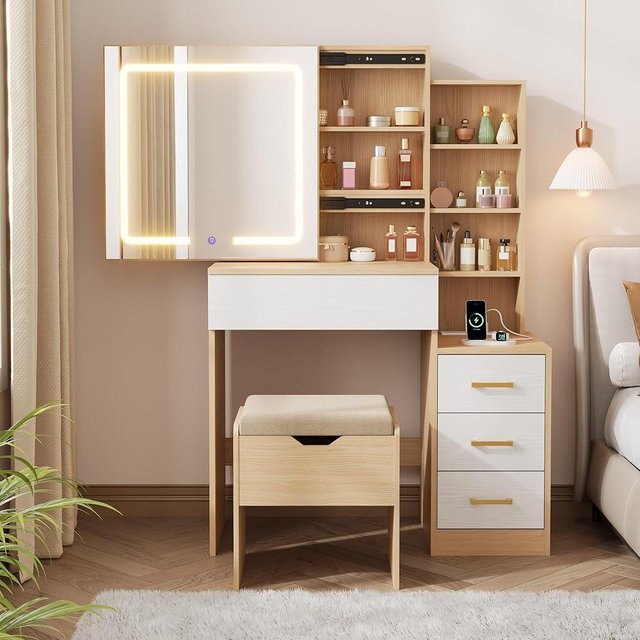 Senfot Nature Vanity Desk With Sliding Mirror and Lights, Modern Makeup Vanity Table With 4 Drawers and 7 Storage Shelves, Dressing Table With Stool and Charging Station, 3 Lighting Modes, for Bedroom