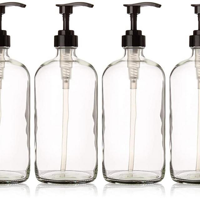 32 Ounce Glass Pump Bottles , Clear Glass with Black Pumps. Great for Lotions, Soaps, Oils, Sauces and DIY Laundry Detergent - Food Safe and Medical Grade - by kitchentoolz (Pack of 4)