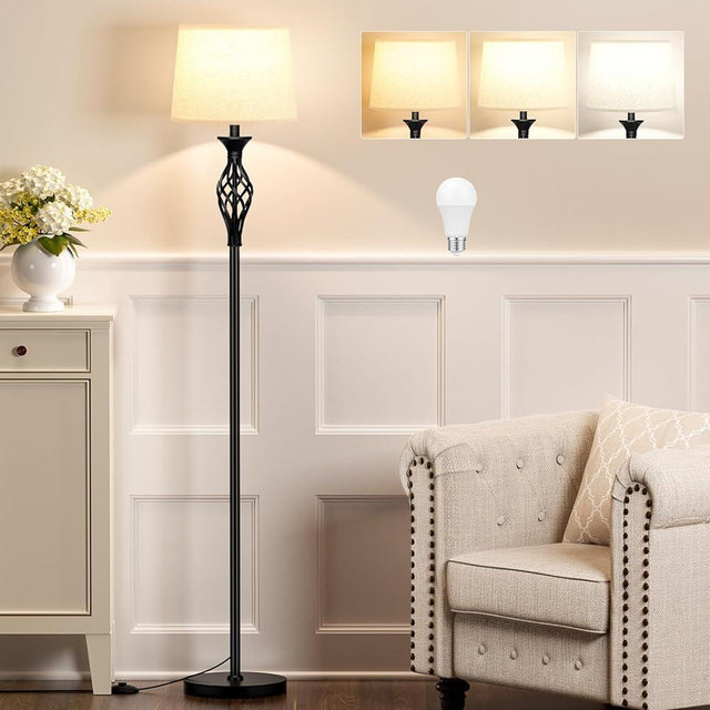 Ambimall Vintage Floor Lamps for Living Room with Linen Shade - 3 Way, LED Bulbs, Foot Pedal Switch, Easy Assembly