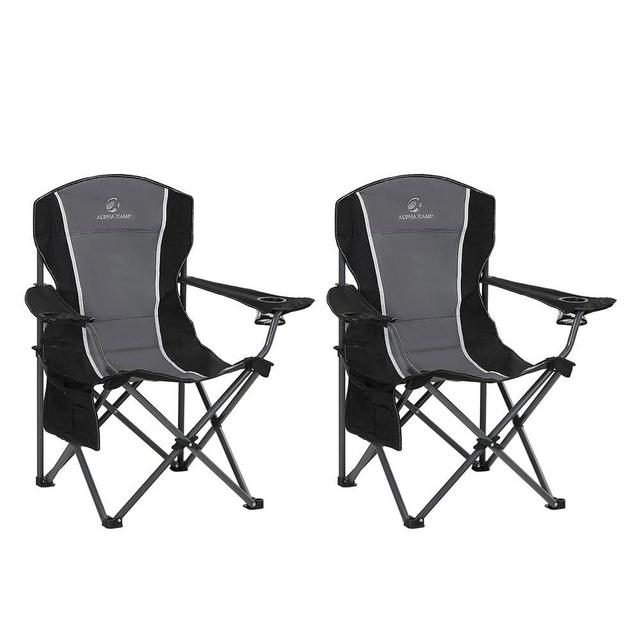 LET'S CAMP Oversized Outdoor Folding Camping Chair, 2 Pack Heavy Duty Arm Chairs with Cup Holder and Storage Bag, 350 LBS Weight Capacity, Grey