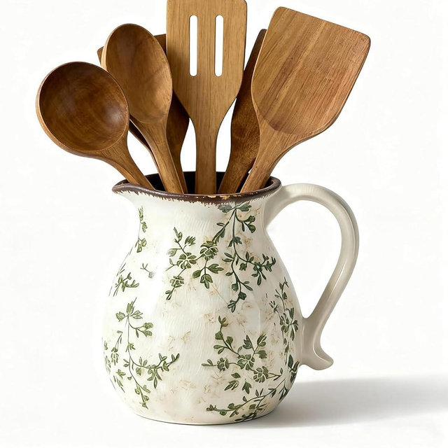 Rustic Ceramic Utensil Holder, 6.1"Modern Farmhouse Cooking Utensil Holder for Kitchen Counter with Handle, Kitchen Utensil Organizer Crock for Countertop Home Decor, Vintage Spoon Tool Tray(white)