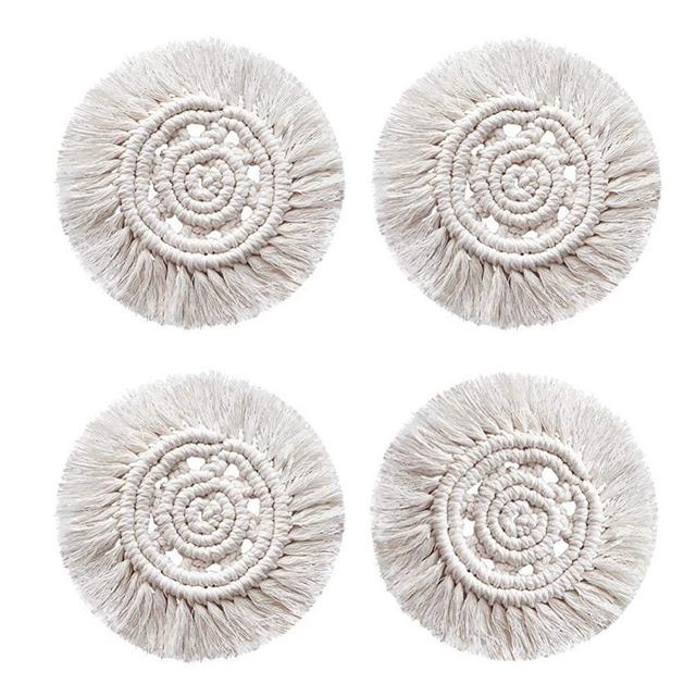Coasters for Drinks Absorbent Woven Coasters Set Handmade Macrame Coasters With Tassels Coffee Aromatherapy Décor Heat Protection Mat - 4 Pack