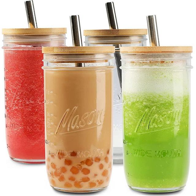4 Pack Reusable Boba Tea Cups, Glass Mason Jars 24oz Wide Mouth Smoothie Cups with Bamboo Lids and Silver Straws, Drinking Glass Bubble Tea Cups for Iced Coffee Travel Bottle