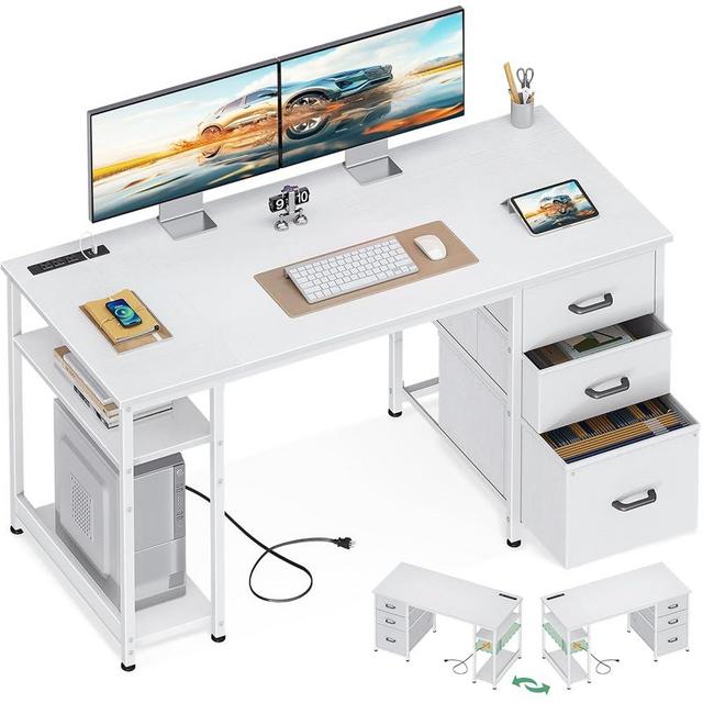 AODK 51 Inch Computer Desk with File Drawers & USB Power Outlets- Reversible Home Office Desk with Storage Shelves, Work from Home, Modern Work/Writing/Study Table for Bedroom, White