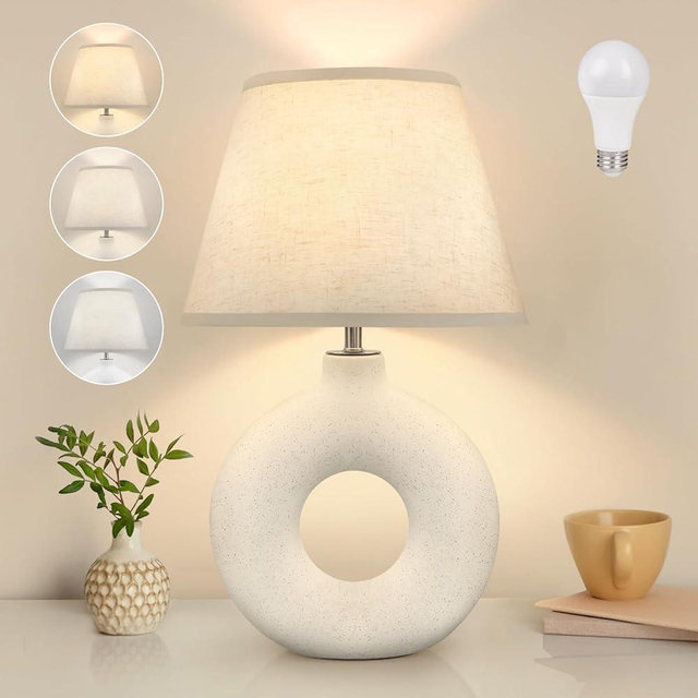 Yacoto Boho Table Lamp for Living Room Bedroom, 21" Modern White Ceramic Bedside Lamps 3 Color Temperature Farmhouse Rustic Table Lamps for Night Stands, Dorm, Office, Home Décor (Bulb Included)