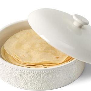 FE Ceramic Tortilla Warmer,Lace Emboss 8.8 Inch Tortilla Holder with Lid for Taco Tuesday, Mexican Night and Party,Taco Bread Pancake,Tortilleros Para Las Tortillas Caliente (Bright White)